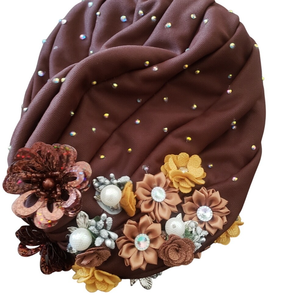 Elegant Brown Turban Headwrap Embellished with Rhinestones and Flowers for Women - Picture 6 of 8